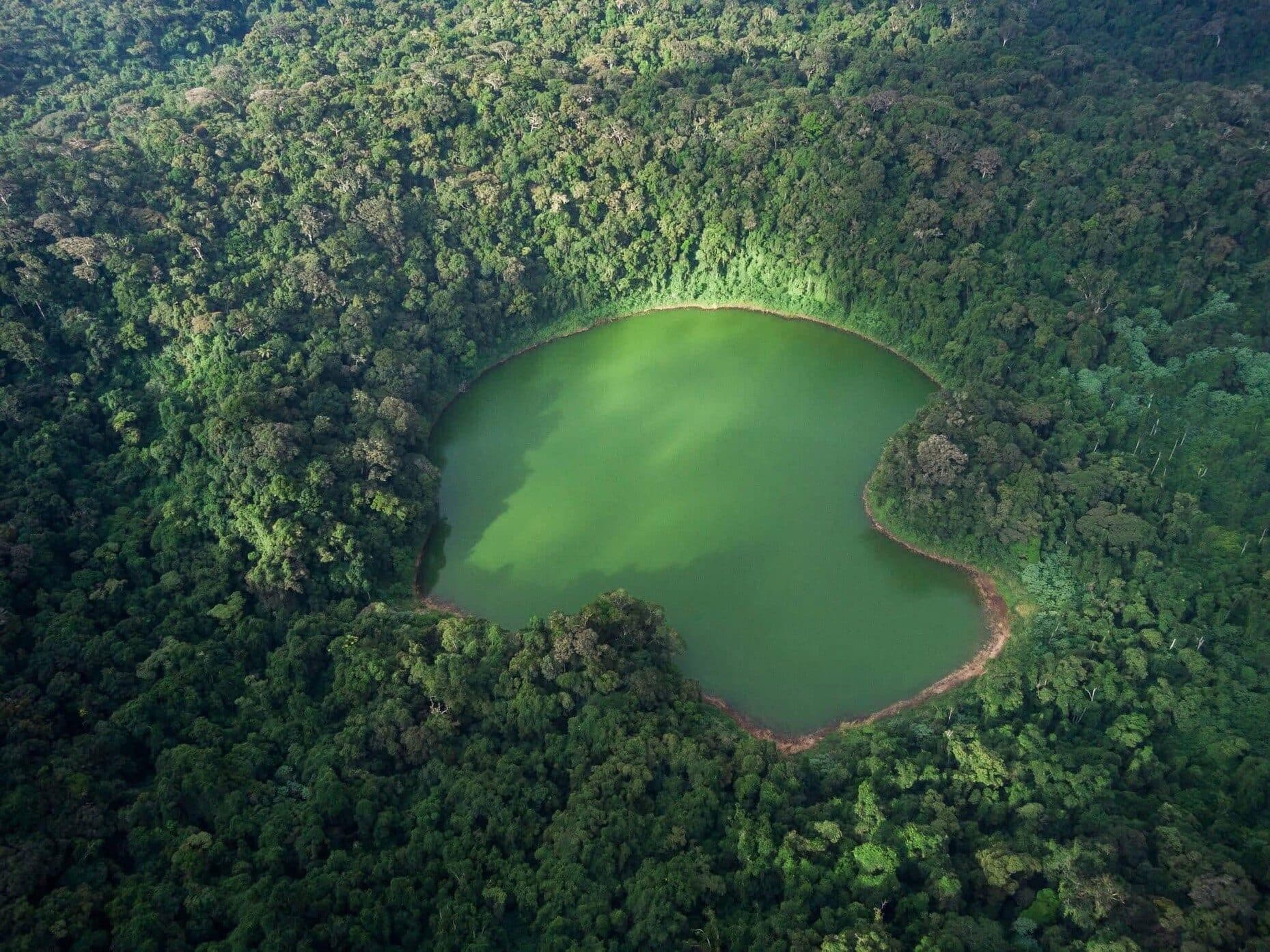 Vue aérienne d’un lac de cratère au cœur de la forêt humide de la Montagne d’Ambre